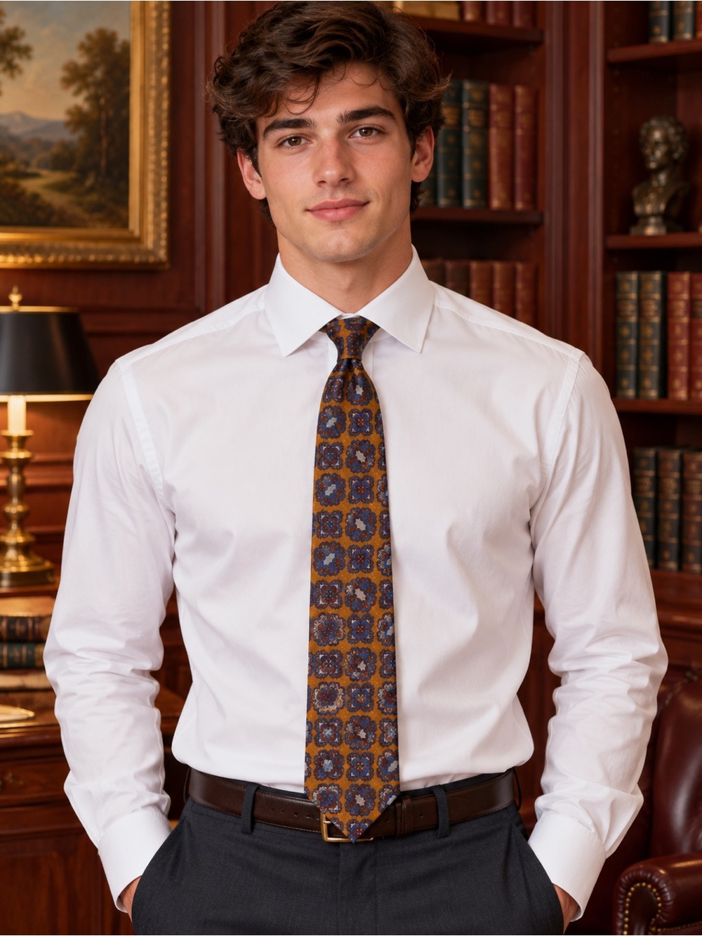Isaia Seven-Fold Handmade Silk Tie with Mustard Field and Geometric Pattern